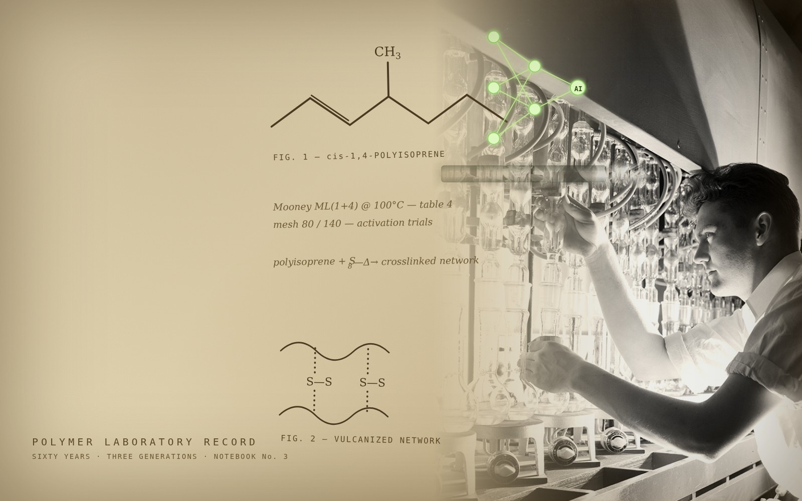 Vintage polymer lab notebook blending into a 1940s chemist at work, annotated with AI-assisted formulation